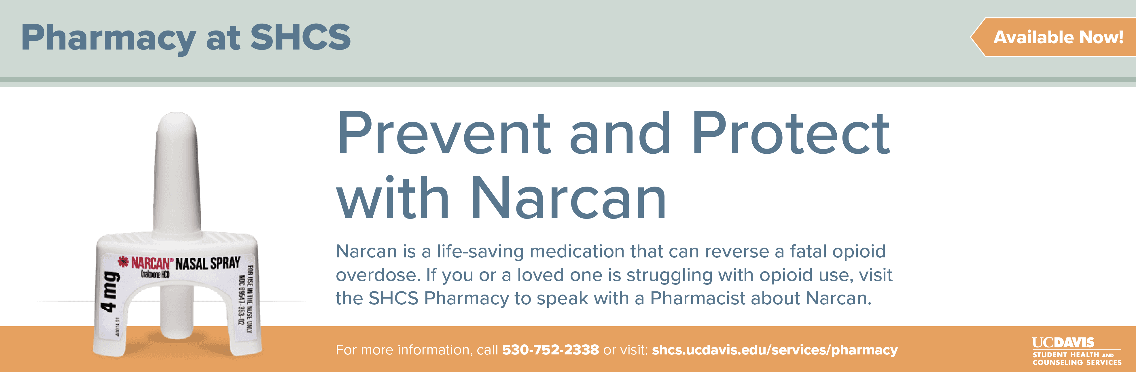 Banner with image of Narcan prescription and "prevent and protect with Narcan"