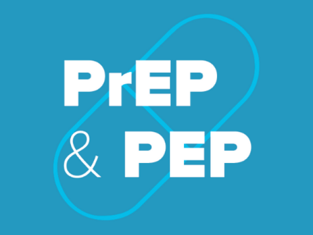 PrEP and PEP with an outline of a pill in the background