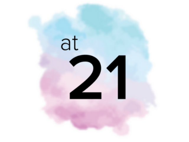 graphic image of At 21 logo. light blue and light pink water color background with "At 21" in black text in front.